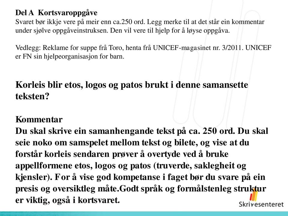 Kommentar Du skal skrive ein samanhengande tekst på ca. 250 ord.