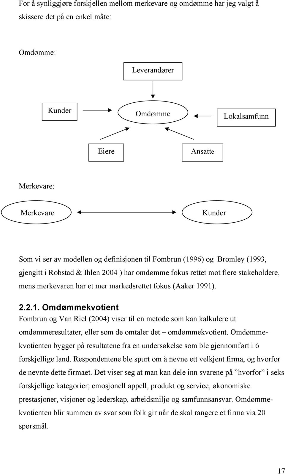 fokus (Aaker 1991). 2.2.1. Omdømmekvotient Fombrun og Van Riel (2004) viser til en metode som kan kalkulere ut omdømmeresultater, eller som de omtaler det omdømmekvotient.