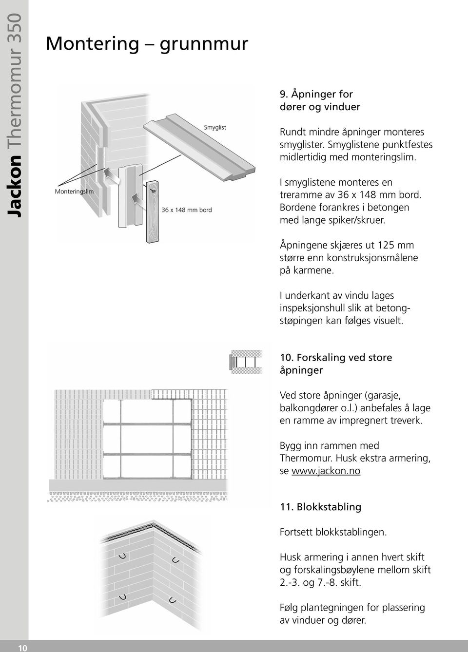 Åpningene skjæres ut 125 mm større enn konstruksjonsmålene på karmene. I underkant av vindu lages inspeksjonshull slik at betongstøpingen kan følges visuelt. 10.