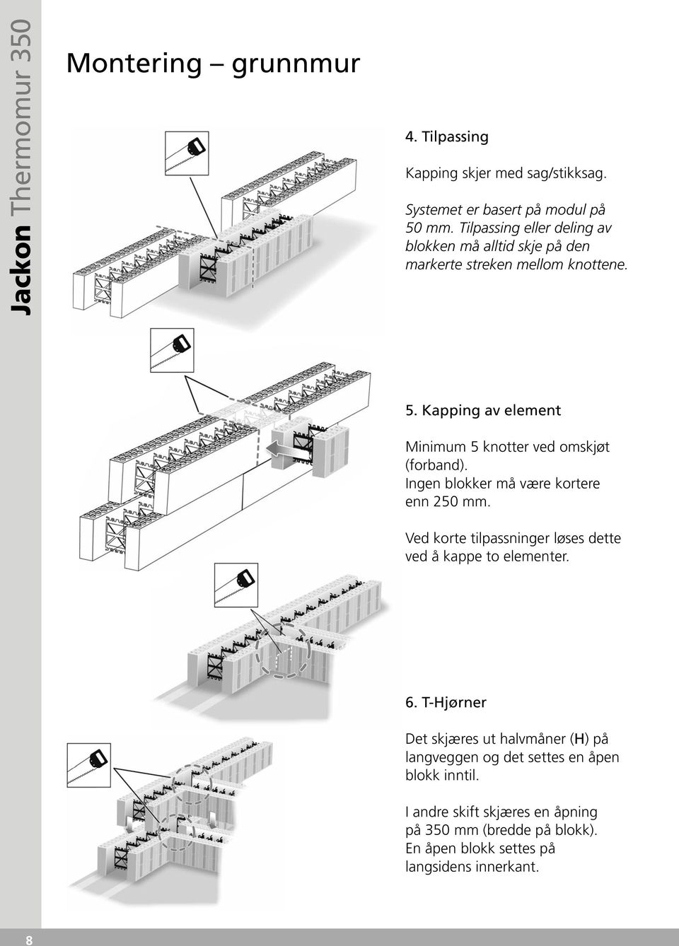 Kapping av element Minimum 5 knotter ved omskjøt (forband). Ingen blokker må være kortere enn 250 mm.