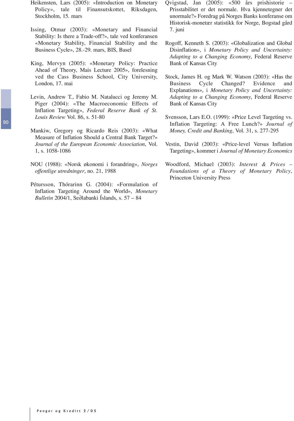 mars, BIS, Basel King, Mervyn (): «Monetary Policy: Practice Ahead of Theory, Mais Lecture», forelesning ved the Cass Business School, City University, London, 17. mai Levin, Andrew T., Fabio M.