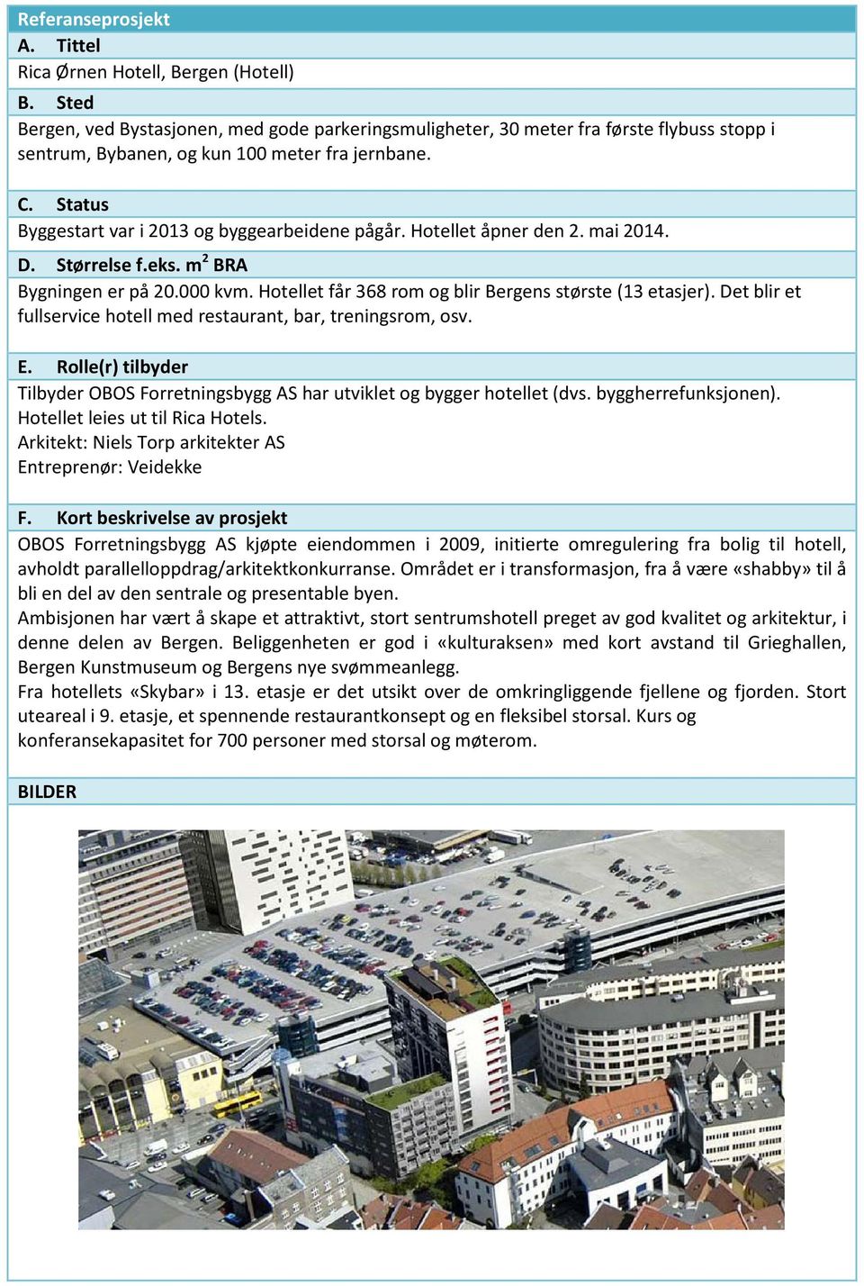 Status Byggestart var i 2013 og byggearbeidene pågår. Hotellet åpner den 2. mai 2014. D. Størrelse f.eks. m 2 BRA Bygningen er på 20.000 kvm. Hotellet får 368 rom og blir Bergens største (13 etasjer).