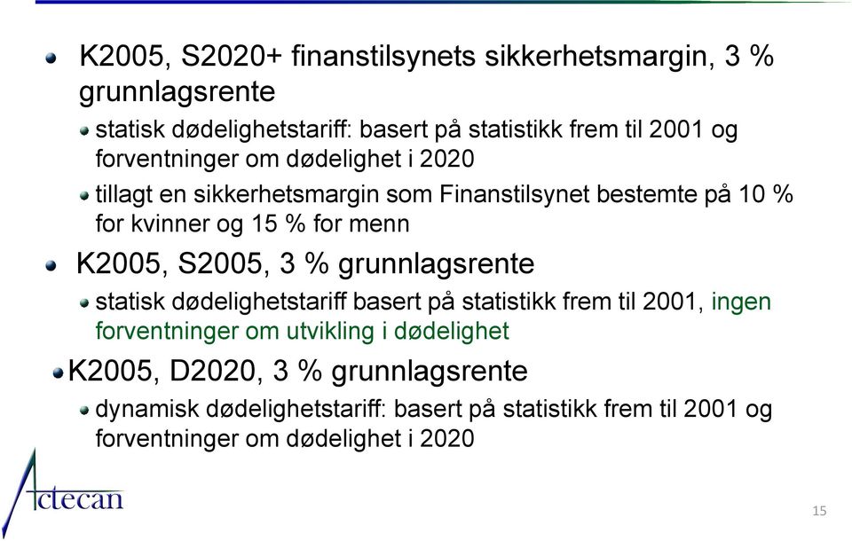 S2005, 3 % grunnlagsrente statisk dødelighetstariff basert på statistikk frem til 2001, ingen forventninger om utvikling i dødelighet