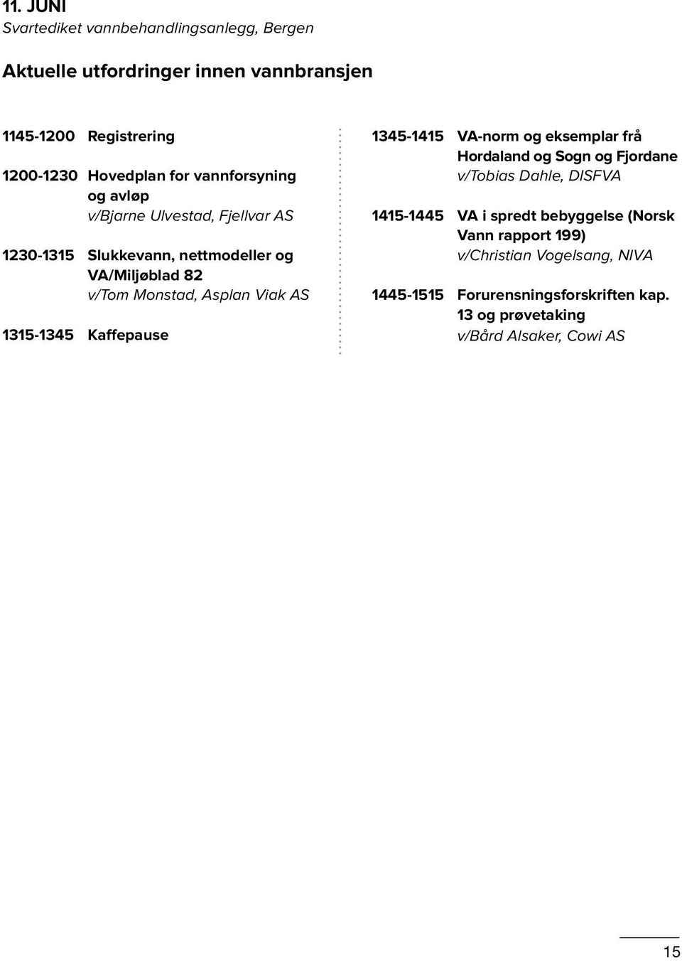 1315-1345 Kaffepause 1345-1415 VA-norm og eksemplar frå Hordaland og Sogn og Fjordane v/tobias Dahle, DISFVA 1415-1445 VA i spredt