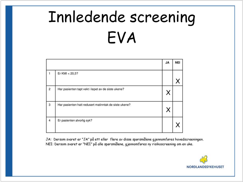 X XX 3 Har pasienten hatt redusert matinntak de siste ukene? X 4 Er pasienten alvorlig syk?
