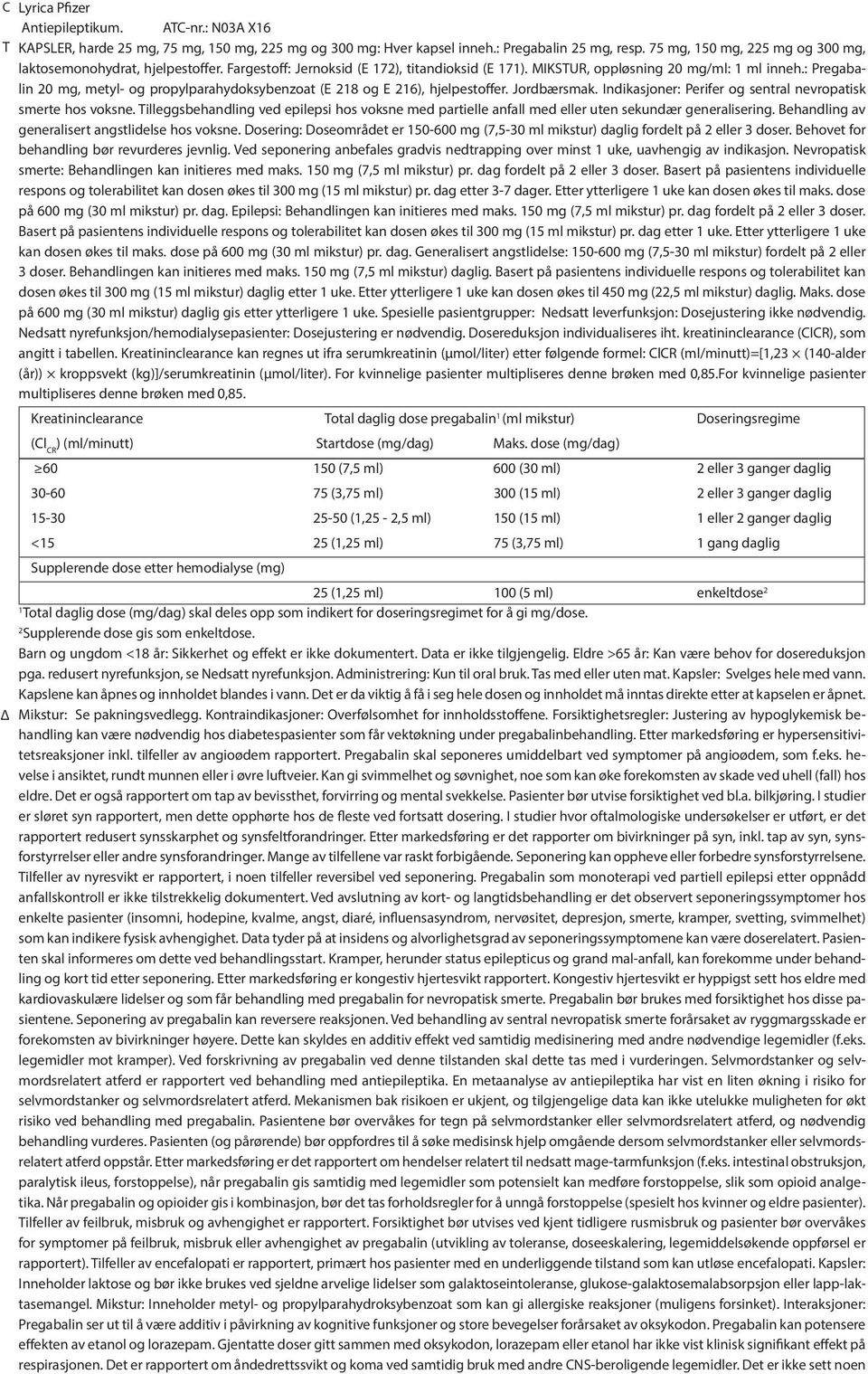 : Pregabalin 20 mg, metyl- og propylparahydoksybenzoat (E 218 og E 216), hjelpestoffer. Jordbærsmak. Indikasjoner: Perifer og sentral nevropatisk smerte hos voksne.