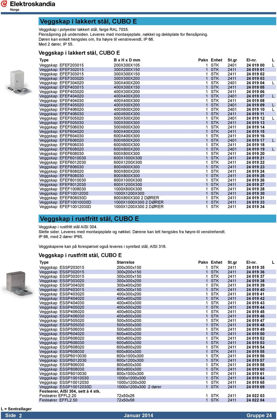 L Veggskap EFEF203015 200X300X105 1 STK 2401 24 019 00 L Veggskap EFEF302015 300X200X150 1 STK 2411 24 019 01 Veggskap EFEF303015 300X300X150 1 STK 2411 24 019 02 Veggskap EFEF303020 300X300X200 1