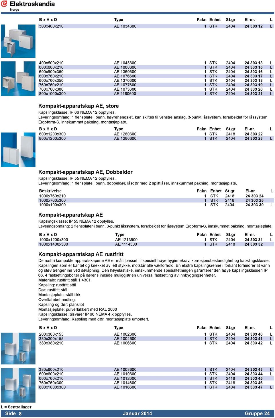 AE 1076600 1 STK 2404 24 303 17 L 600x760x350 AE 1376600 1 STK 2404 24 303 18 L 760x760x210 AE 1077600 1 STK 2404 24 303 19 L 760x760x300 AE 1073600 1 STK 2404 24 303 20 L 800x1000x300 AE 1180600 1