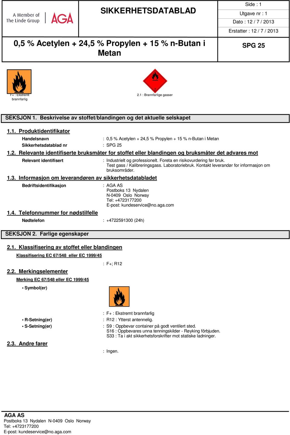 Informasjon om leverandøren av sikkerhetsdatabladet Bedriftsidentifikasjon 1.4. Telefonnummer for nødstilfelle Nødtelefon SEKSJON 2. Farlige egenskaper 2.1. Klassifisering av stoffet eller blandingen Klassifisering EC 67/548 eller EC 1999/45 2.