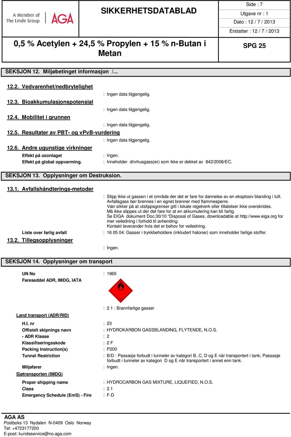 . Opplysninger om Destruksion. 13.1. Avfallshåndterings-metoder Liste over farlig avfall 13.2.