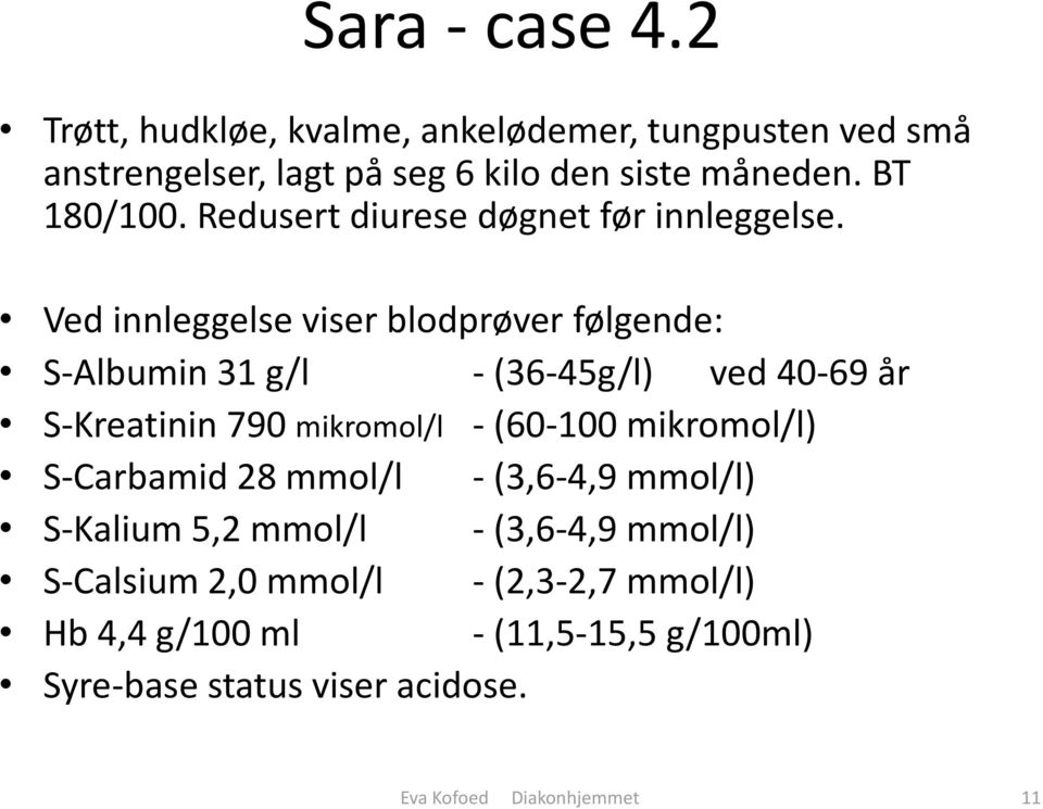 Ved innleggelse viser blodprøver følgende: S-Albumin 31 g/l - (36-45g/l) ved 40-69 år S-Kreatinin 790 mikromol/l - (60-100