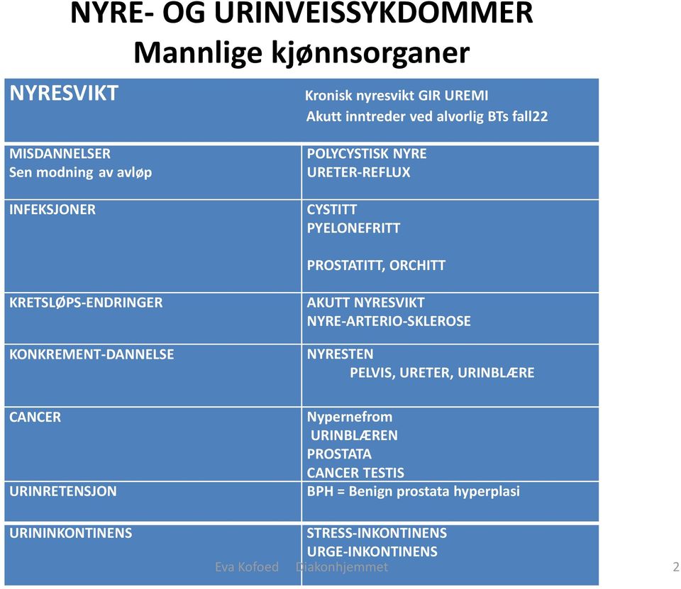 KRETSLØPS-ENDRINGER KONKREMENT-DANNELSE CANCER URINRETENSJON URININKONTINENS AKUTT NYRESVIKT NYRE-ARTERIO-SKLEROSE NYRESTEN PELVIS,