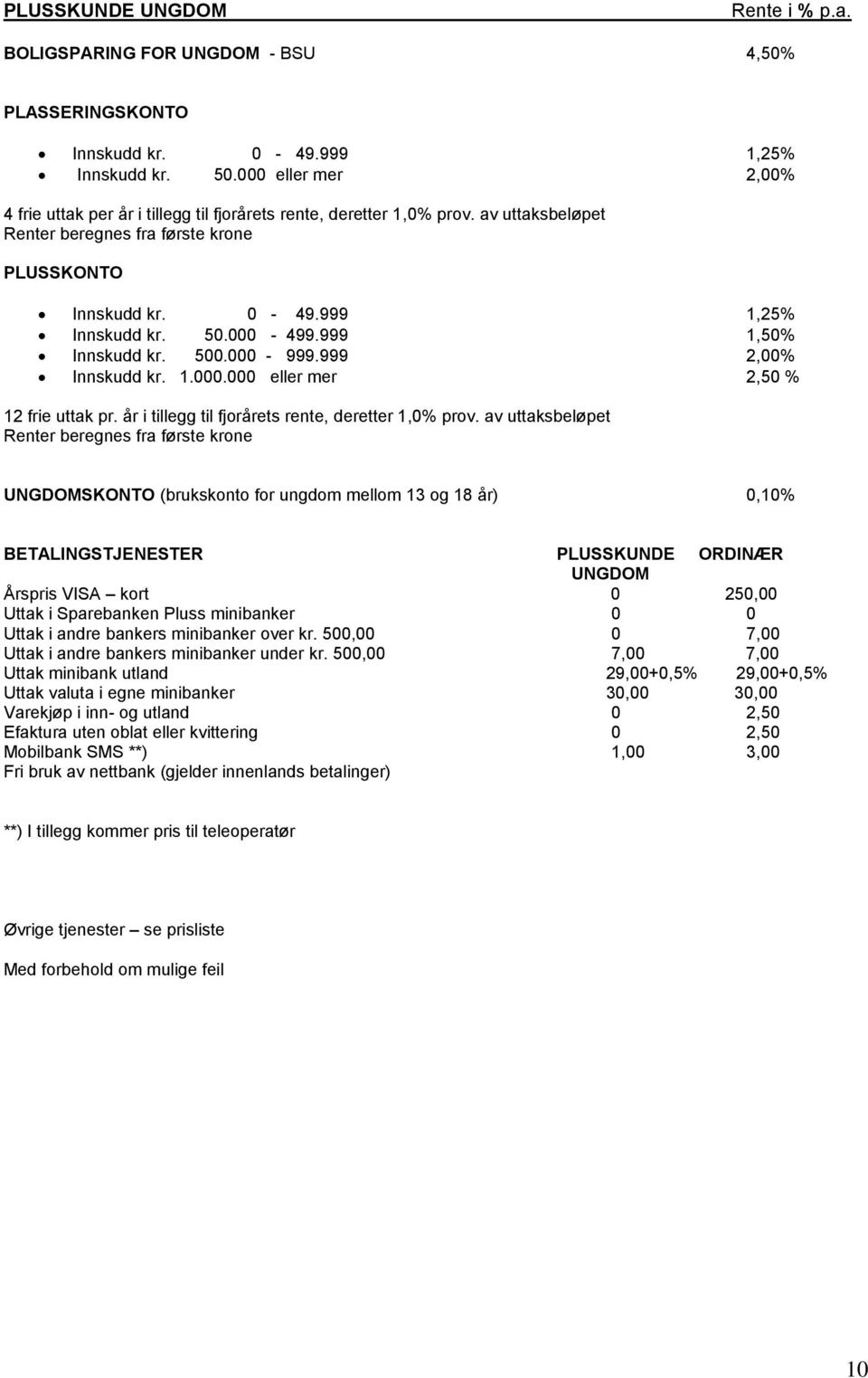 000-999.999 2,00% Innskudd kr. 1.000.000 eller mer 2,50 % 12 frie uttak pr. år i tillegg til fjorårets rente, deretter 1,0% prov.