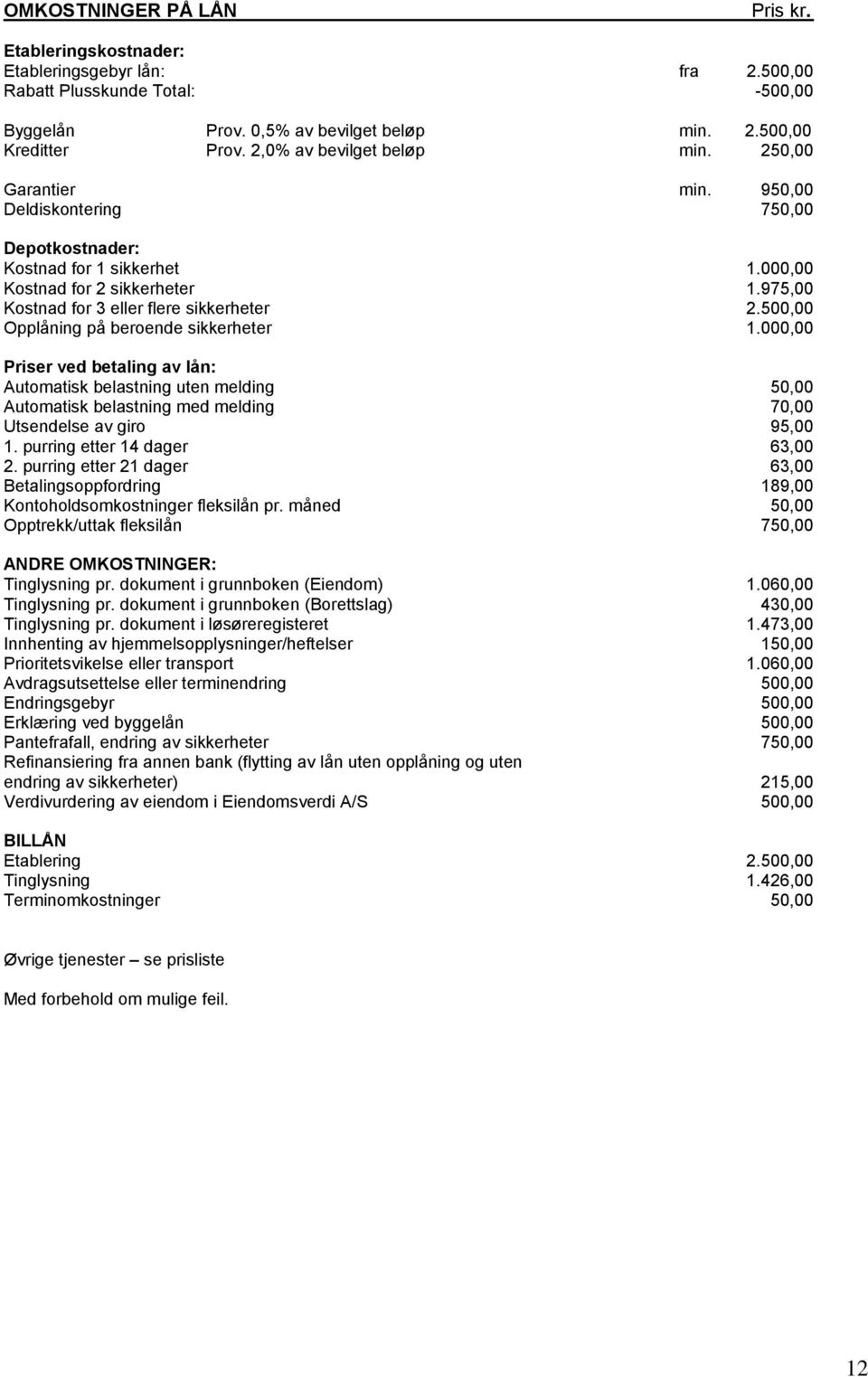 975,00 Kostnad for 3 eller flere sikkerheter 2.500,00 Opplåning på beroende sikkerheter 1.