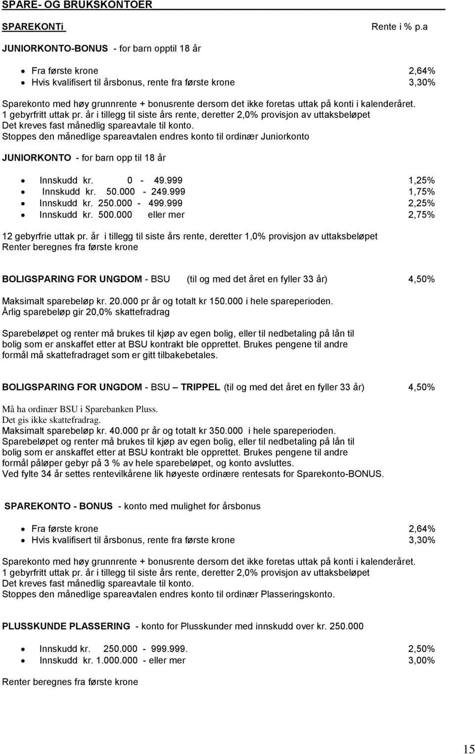 konti i kalenderåret. 1 gebyrfritt uttak pr. år i tillegg til siste års rente, deretter 2,0% provisjon av uttaksbeløpet Det kreves fast månedlig spareavtale til konto.