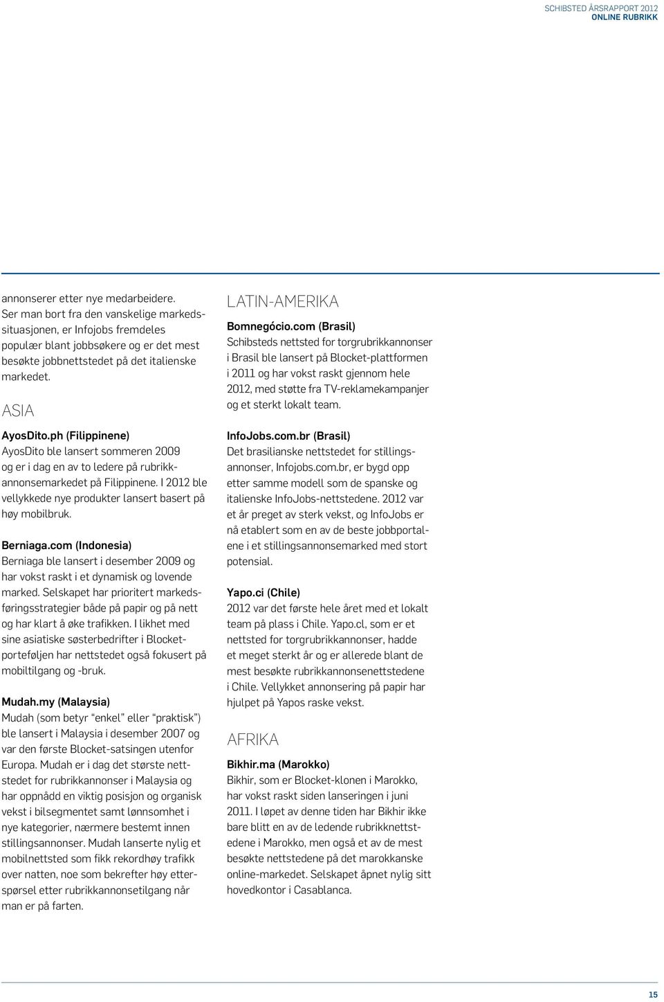 ph (Filippinene) AyosDito ble lansert sommeren 2009 og er i dag en av to ledere på rubrikkannonsemarkedet på Filippinene. I 2012 ble vellykkede nye produkter lansert basert på høy mobilbruk. Berniaga.