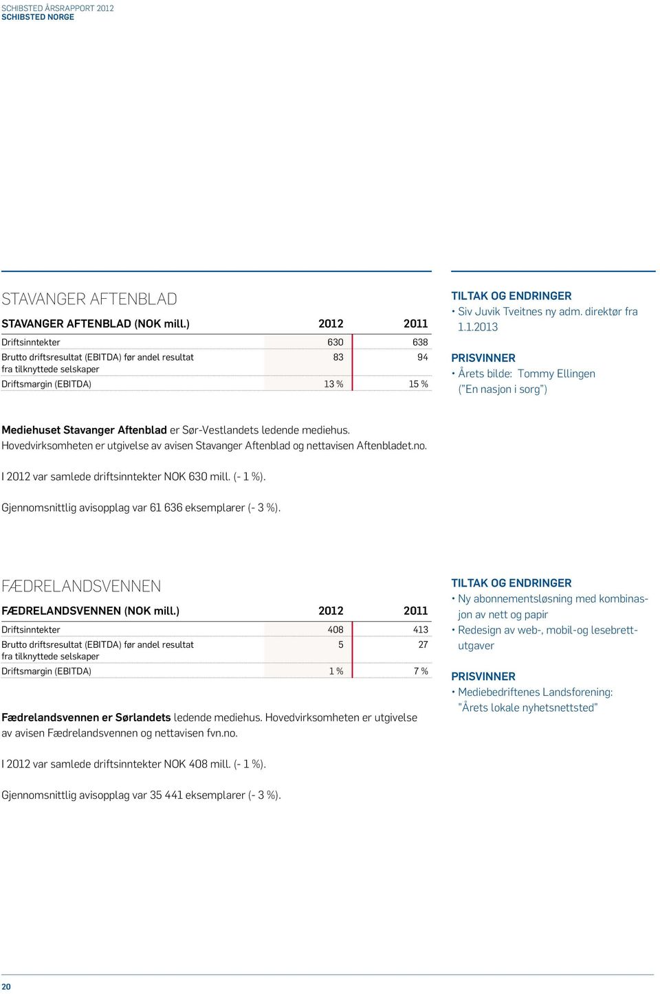 direktør fra 1.1.2013 PRISVINNER Årets bilde: Tommy Ellingen ( En nasjon i sorg ) Mediehuset Stavanger Aftenblad er Sør-Vestlandets ledende mediehus.