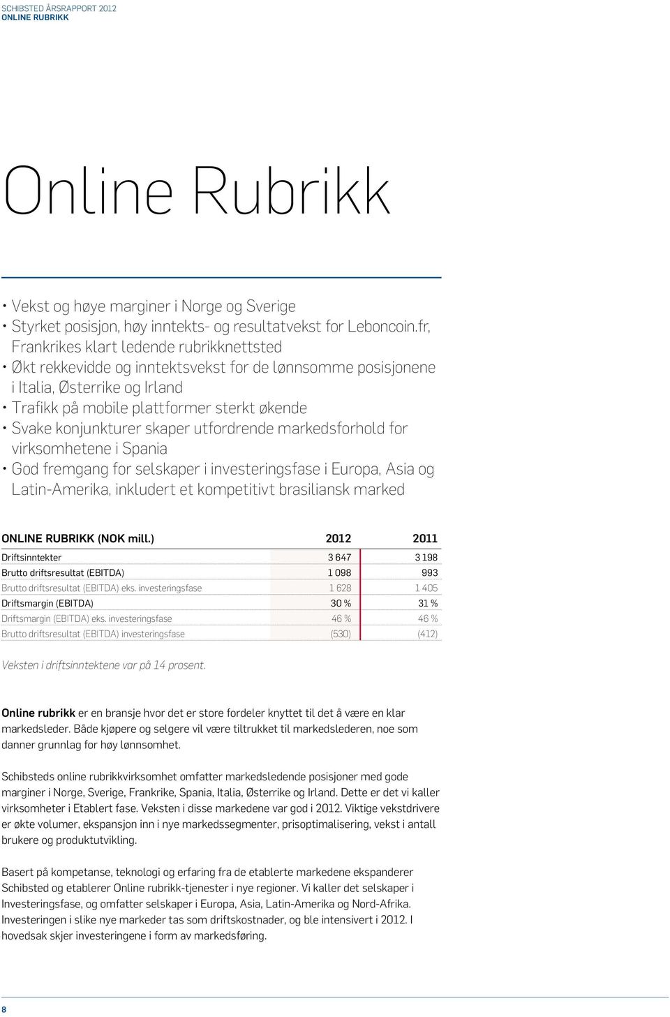 skaper utfordrende markedsforhold for virksomhetene i Spania God fremgang for selskaper i investeringsfase i Europa, Asia og Latin-Amerika, inkludert et kompetitivt brasiliansk marked ONLINE RUBRIKK