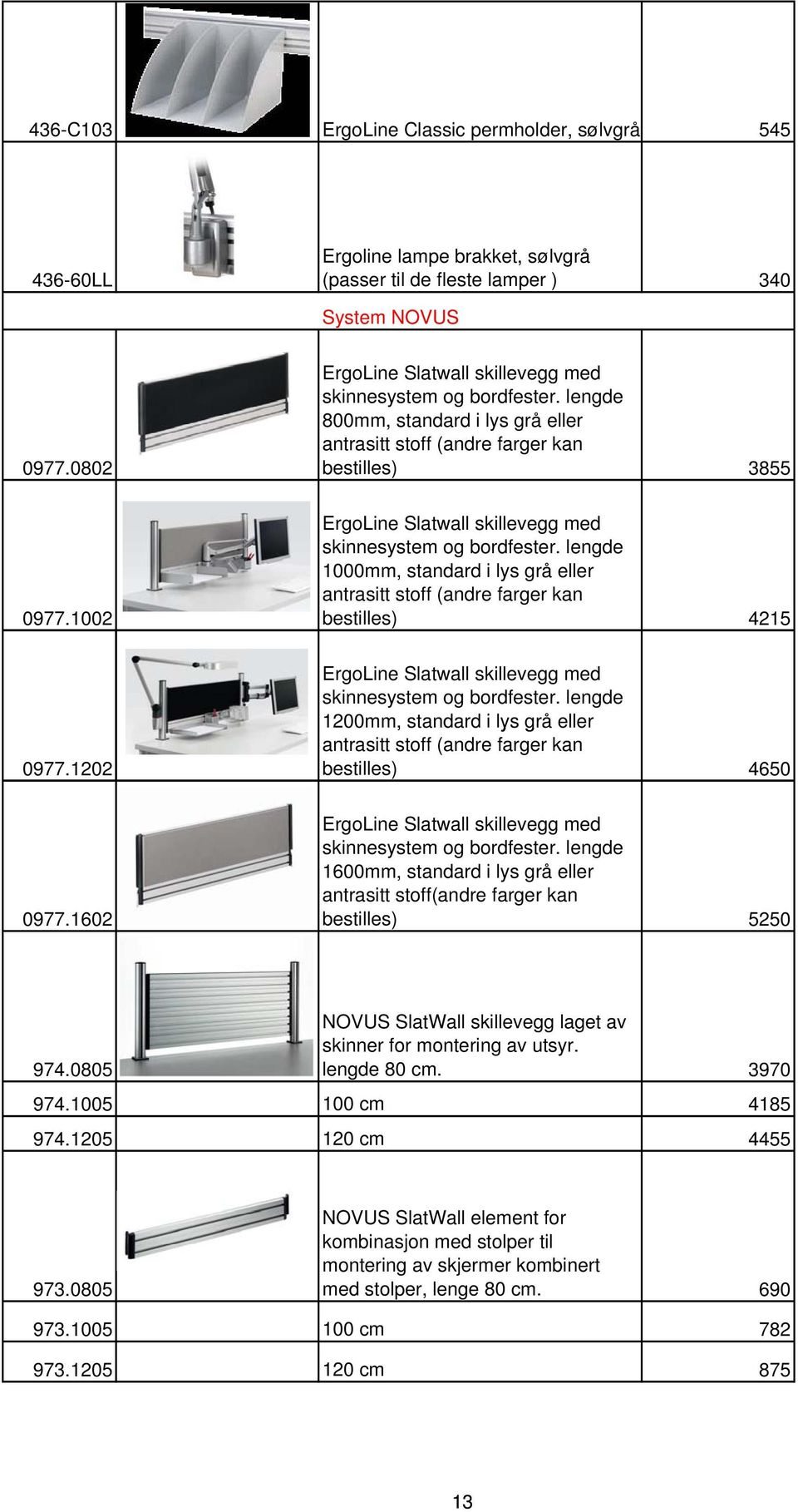 1002 ErgoLine Slatwall skillevegg med skinnesystem og bordfester. lengde 1000mm, standard i lys grå eller antrasitt stoff (andre farger kan bestilles) 4215 0977.