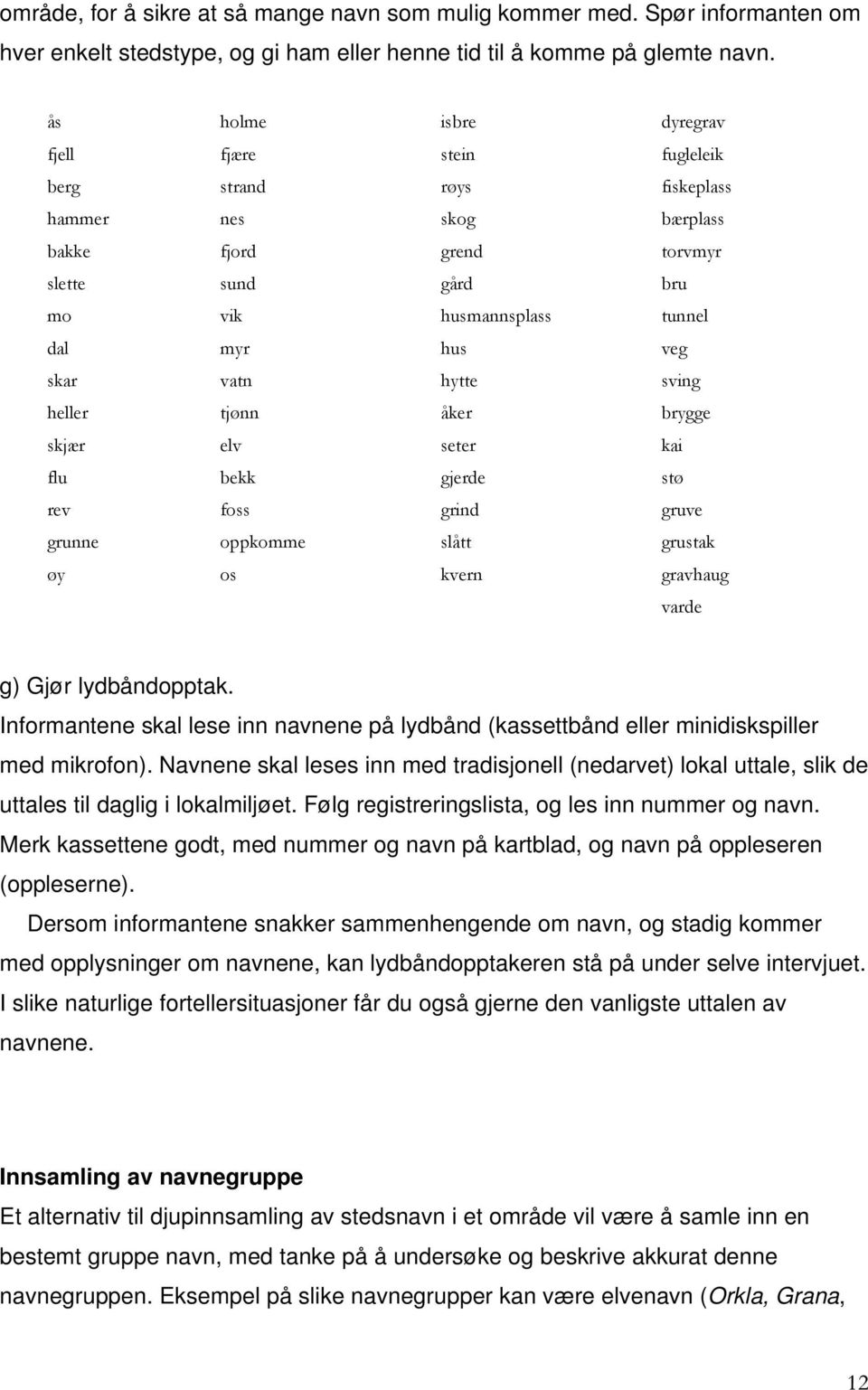 skar vatn hytte sving heller tjønn åker brygge skjær elv seter kai flu bekk gjerde stø rev foss grind gruve grunne oppkomme slått grustak øy os kvern gravhaug varde g) Gjør lydbåndopptak.