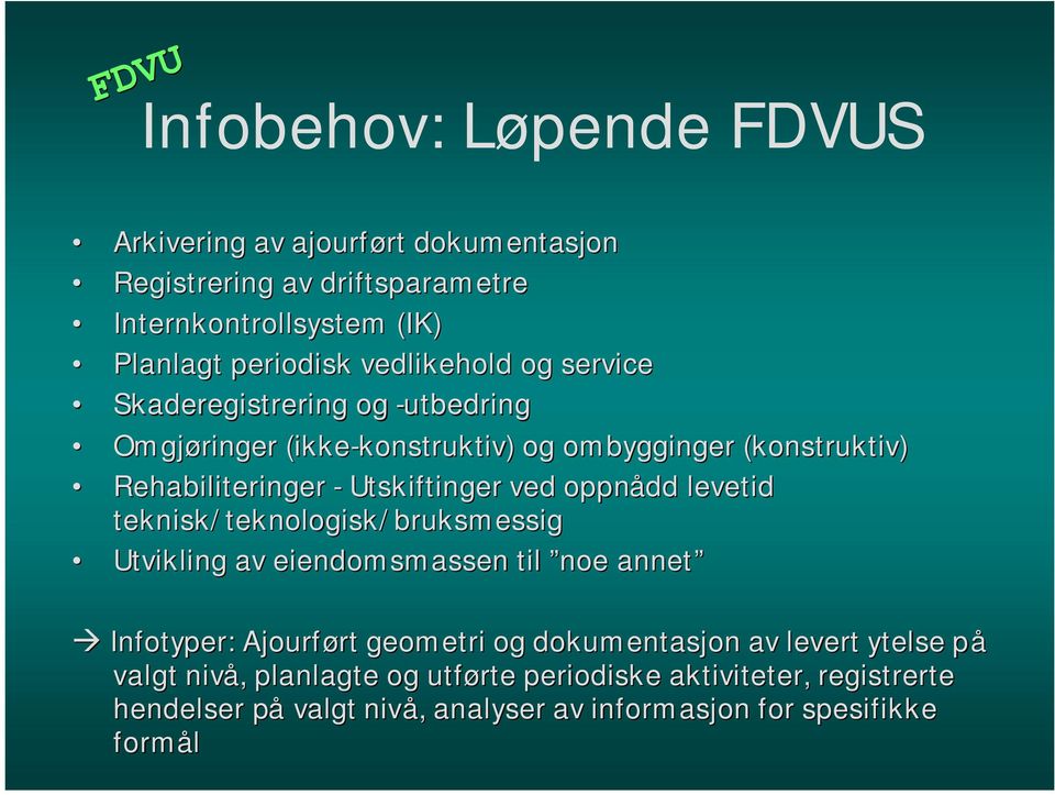 Utskiftinger ved oppnådd levetid teknisk/teknologisk/bruksmessig Utvikling av eiendomsmassen til noe annet Infotyper: Ajourført rt geometri og