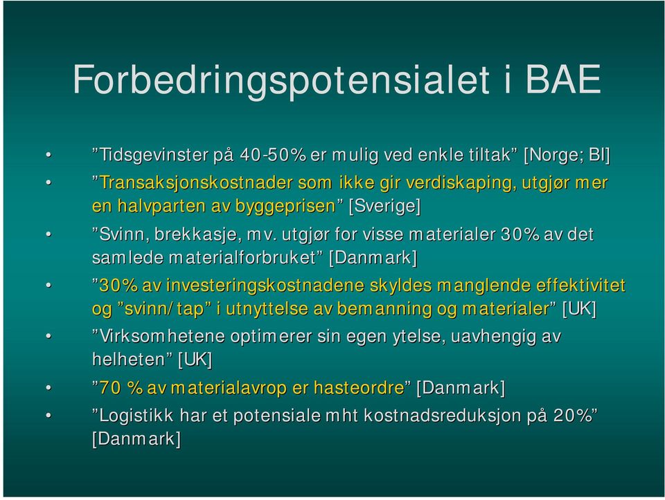 utgjør r for visse materialer 30% av det samlede materialforbruket [Danmark] 30% av investeringskostnadene skyldes manglende effektivitet og