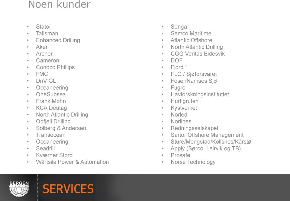 Atlantic Offshore North Atlantic Drilling CGG Veritas Eidesvik DOF Fjord 1 FLO / Sjøforsvaret FosenNamsos Sjø Fugro Havforskningsinstituttet Hurtigruten