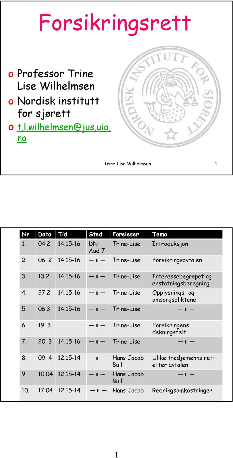 2 14.15-16 װ Trine-Lise Opplysnings- og omsorgspliktene 5. 06.3 14.15-16 װ Trine-Lise װ 6. 19. 3 װ Trine-Lise Forsikringens dekningsfelt 7. 20. 3 14.15-16 װ Trine-Lise װ 8. 09.