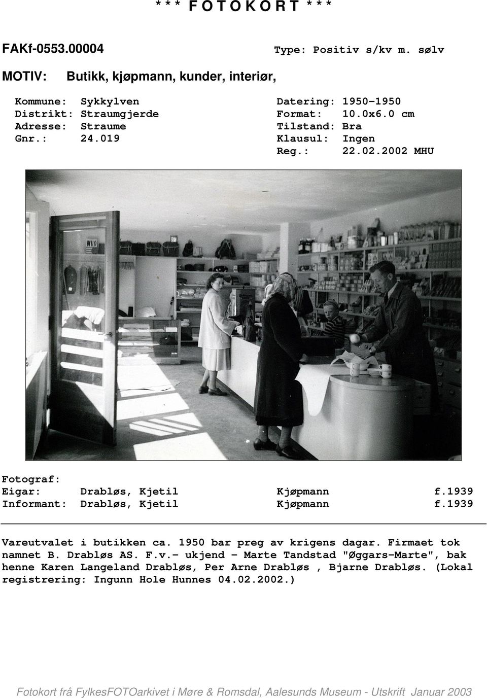 1939 Informant: Drabløs, Kjetil Kjøpmann f.1939 Vareutvalet i butikken ca. 1950 bar preg av krigens dagar. Firmaet tok namnet B. Drabløs AS.