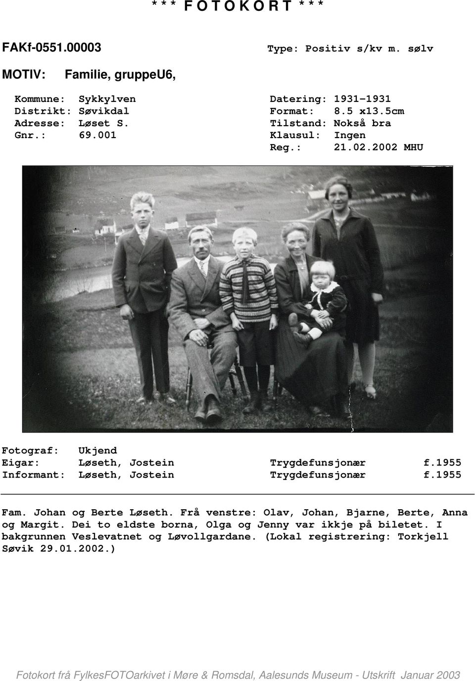 1955 Informant: Løseth, Jostein Trygdefunsjonær f.1955 Fam. Johan og Berte Løseth.