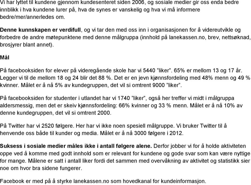 no, brev, nettsøknad, brosjyrer blant annet). Mål På facebooksiden for elever på videregående skole har vi 5440 liker. 65% er mellom 13 og 17 år. Legger vi til de mellom 18 og 24 blir det 88 %.