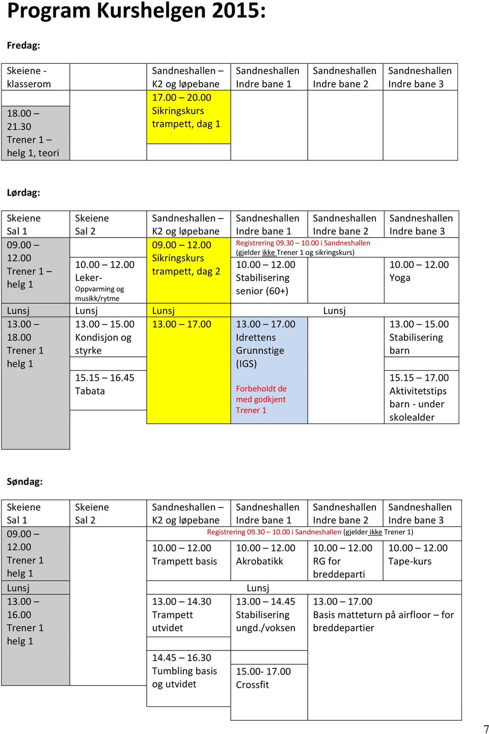 30 10.00 i (gjelder ikke Trener 1 og sikringskurs) Leker- Oppvarming og musikk/rytme Stabilisering senior (60+) Lunsj Lunsj Lunsj Lunsj 13.00 18.00 Trener 1 helg 1 13.00 15.00 Kondisjon og styrke 15.