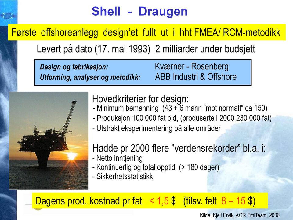 design: - Minimum bemanning (43 + 6 mann mot normalt ca 150) - Produksjon 100 000 fat p.