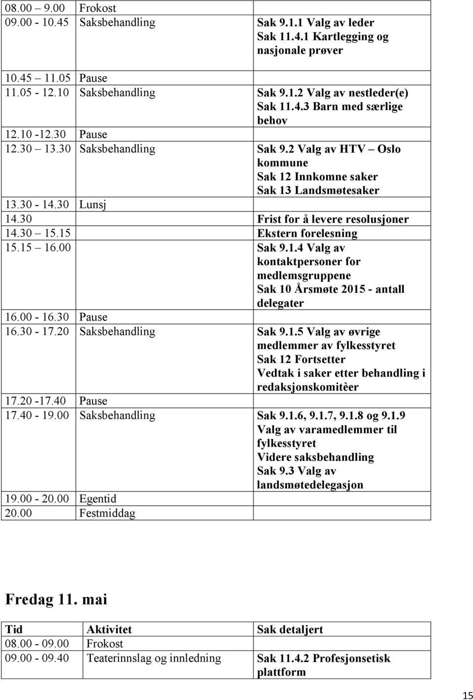 15 Ekstern forelesning 15.15 16.00 Sak 9.1.4 Valg av kontaktpersoner for medlemsgruppene Sak 10 Årsmøte 2015 - antall delegater 16.00-16.30 Pause 16.30-17.20 Saksbehandling Sak 9.1.5 Valg av øvrige medlemmer av fylkesstyret Sak 12 Fortsetter Vedtak i saker etter behandling i redaksjonskomitèer 17.