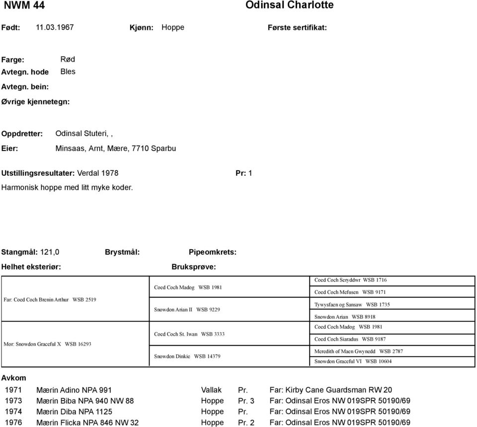 Stangmål: 121,0 Helhet eksteriør: Brystmål: Pipeomkrets: Far: Coed Coch Brenin Arthur WSB 2519 Mor: Snowdon Graceful X WSB 16293 Coed Coch Madog WSB 1981 Snowdon Arian II WSB 9229 Coed Coch St.