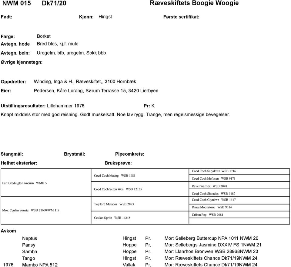 , Ræveskiftet,, 3100 Hornbæk Pedersen, Kåre Lorang, Sørum Terrasse 15, 3420 Lierbyen Utstillingsresultater: Lillehammer 1976 Knapt middels stor med god reisning. Godt muskelsatt. Noe lav rygg.