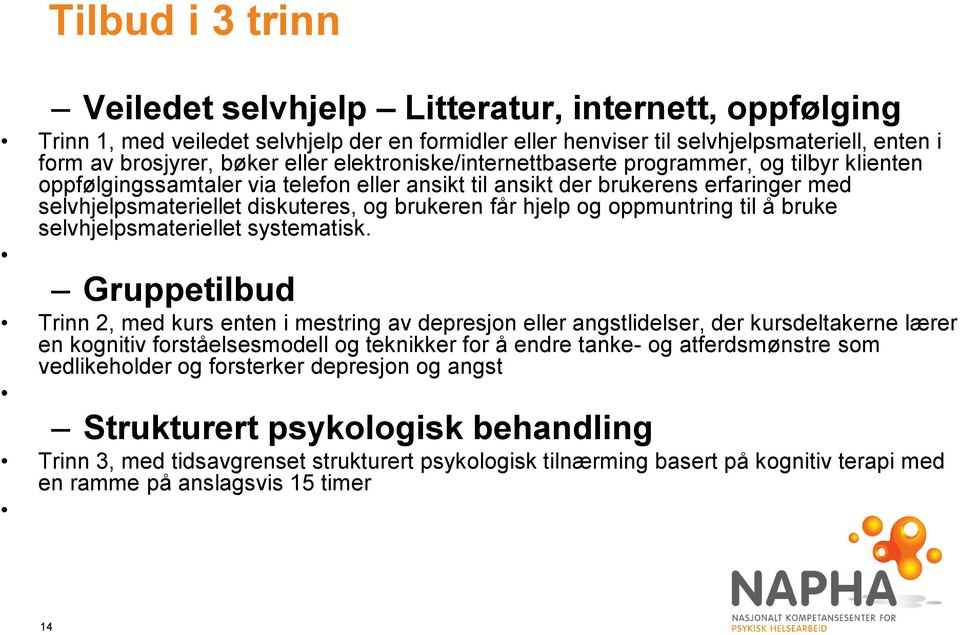 hjelp og oppmuntring til å bruke selvhjelpsmateriellet systematisk.