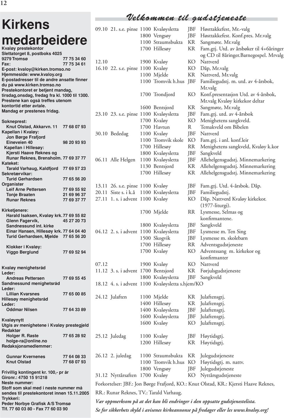 Sokneprest: Knut Olstad, Akkarvn. 11 77 68 07 93 Kapellan i Kvaløy: Jon Børge Frafjord Eineveien 40 98 20 93 93 Kapellan i Hillesøy: Kjersti Haave Reknes og Runar Reknes, Brensholm.