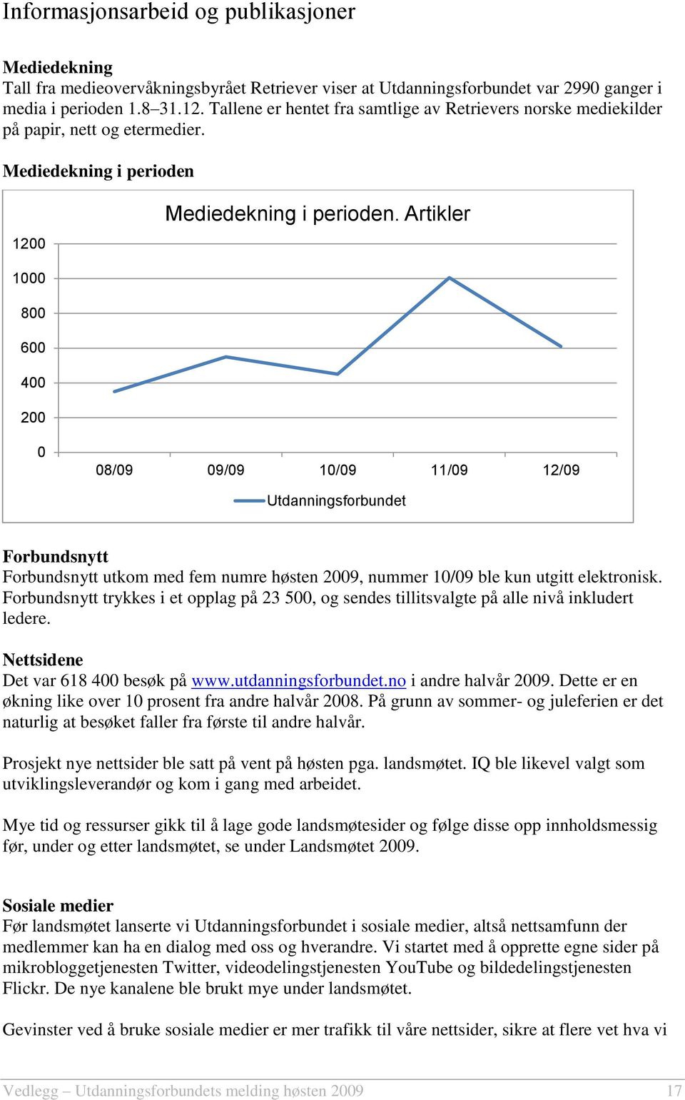 Artikler 1000 800 600 400 200 0 08/09 09/09 10/09 11/09 12/09 Utdanningsforbundet Forbundsnytt Forbundsnytt utkom med fem numre høsten 2009, nummer 10/09 ble kun utgitt elektronisk.