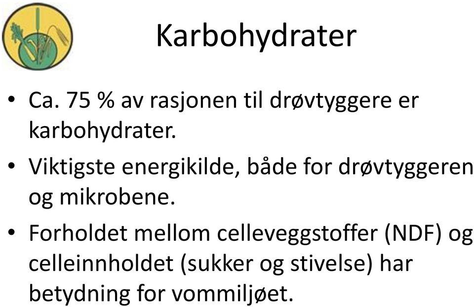 Viktigste energikilde, både for drøvtyggeren og mikrobene.