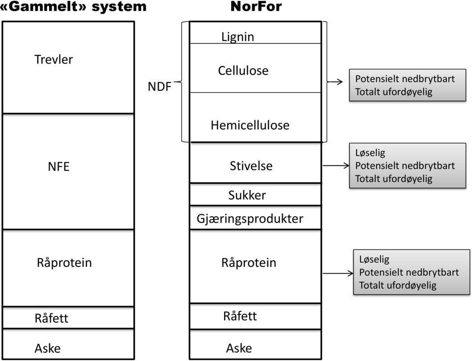 Potensielt nedbrytbart Totalt ufordøyelig Gjæringsprodukter Råprotein