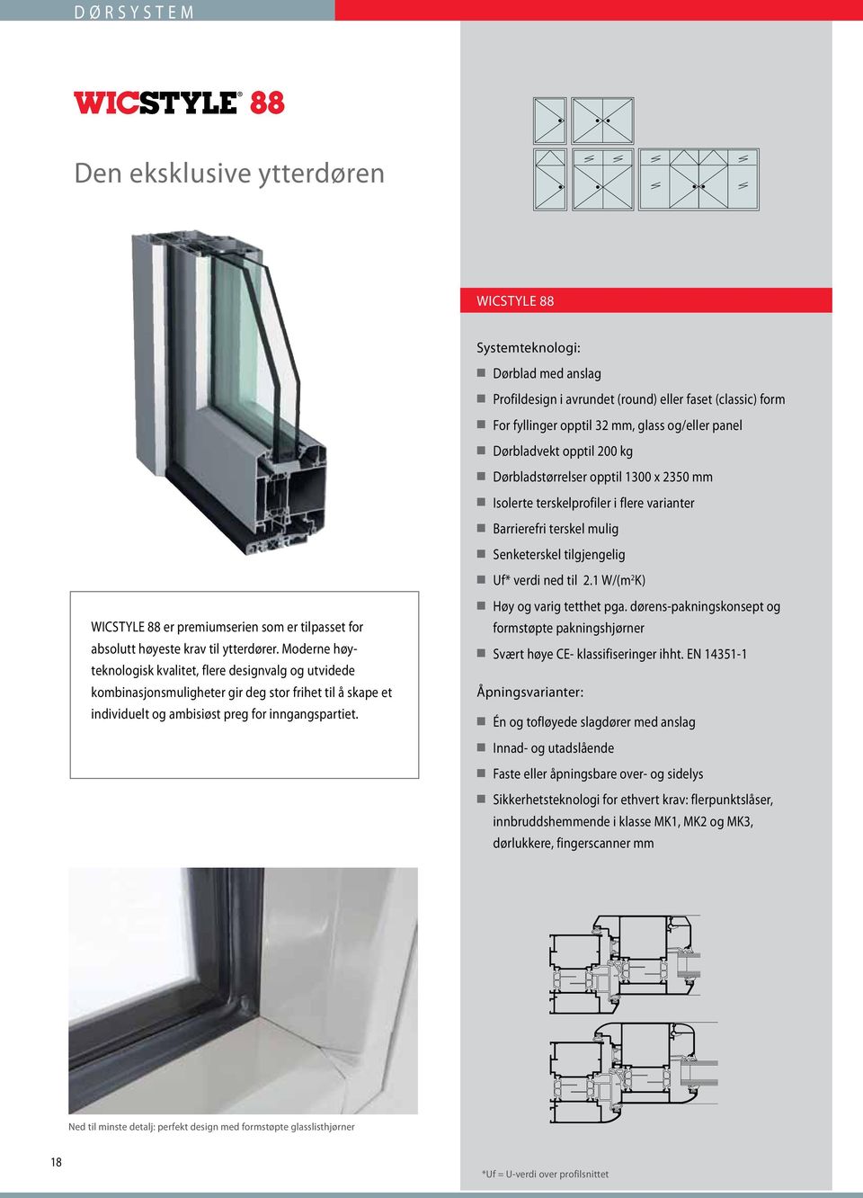 1 W/(m 2 K) WICSTYLE 88 er premiumserien som er tilpasset for absolutt høyeste krav til ytterdører.
