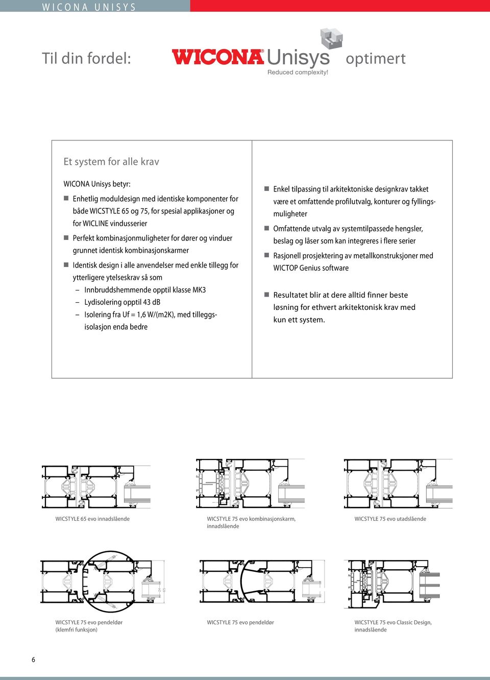 kombinasjonmuligheter for dører og vinduer grunnet identisk kombinasjonskarmer Identisk design i alle anvendelser med enkle tillegg for ytterligere ytelseskrav så som Innbruddshemmende opptil klasse