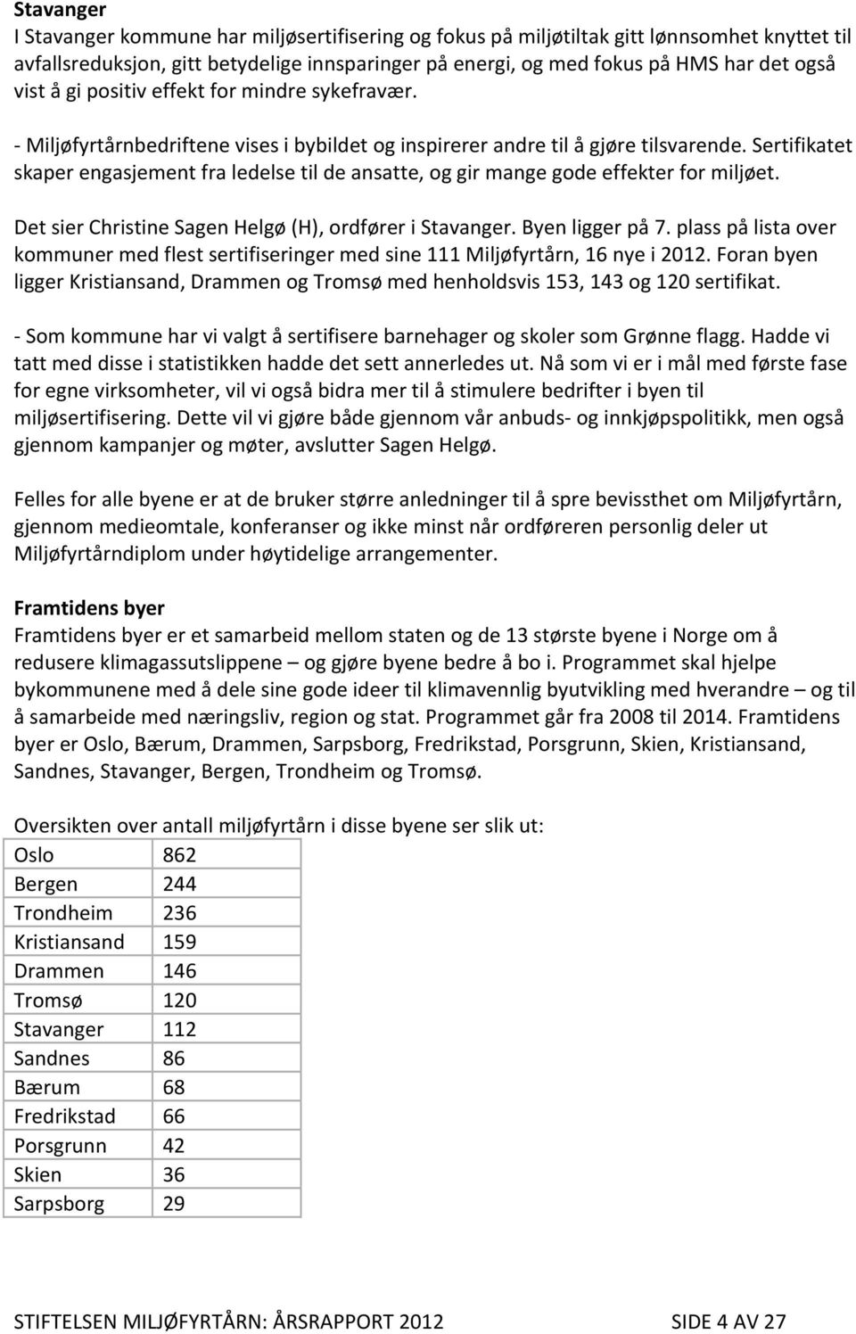 Sertifikatet skaper engasjement fra ledelse til de ansatte, og gir mange gode effekter for miljøet. Det sier Christine Sagen Helgø (H), ordfører i Stavanger. Byen ligger på 7.