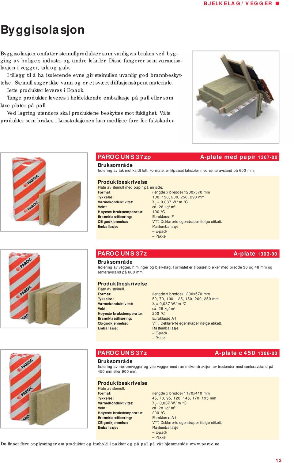 Steinull suger ikke vann og er et svært diffusjonsåpent materiale. Lette produkter leveres i E-pack. Tunge produkter leveres i heldekkende emballasje på pall eller som løse plater på pall.