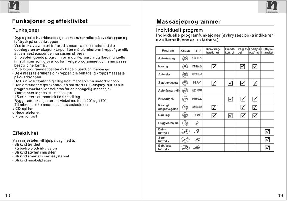 - 5 helsebringende programmer, musikkprogram og flere manuelle innstillinger som gjør at du kan velge programmet du mener passer best til dine formål.