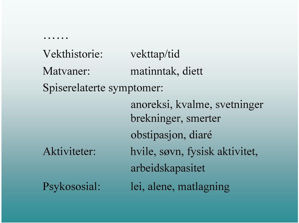 svetninger brekninger, smerter obstipasjon, diaré hvile,