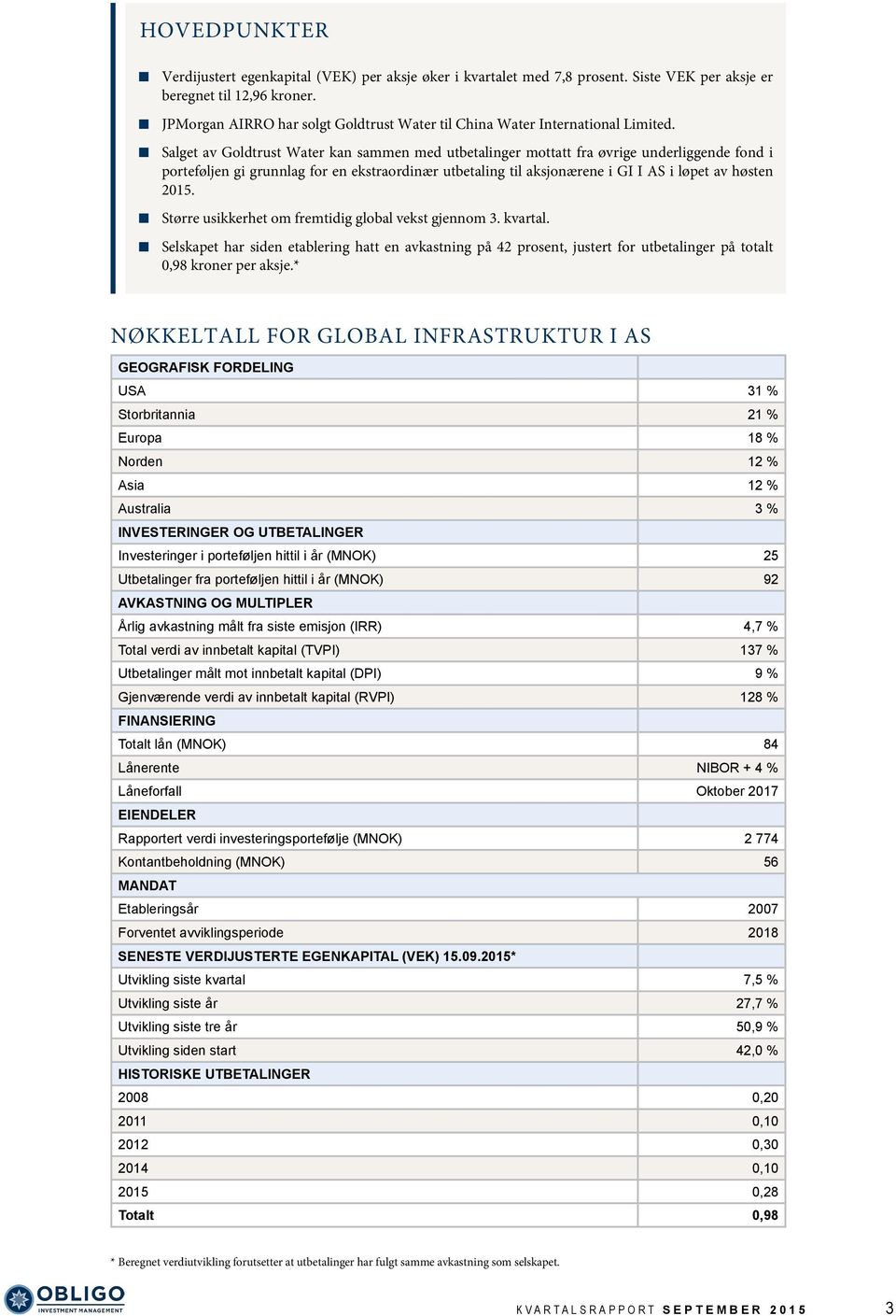 Salget av Goldtrust Water kan sammen med utbetalinger mottatt fra øvrige underliggende fond i porteføljen gi grunnlag for en ekstraordinær utbetaling til aksjonærene i GI I AS i løpet av høsten 2015.