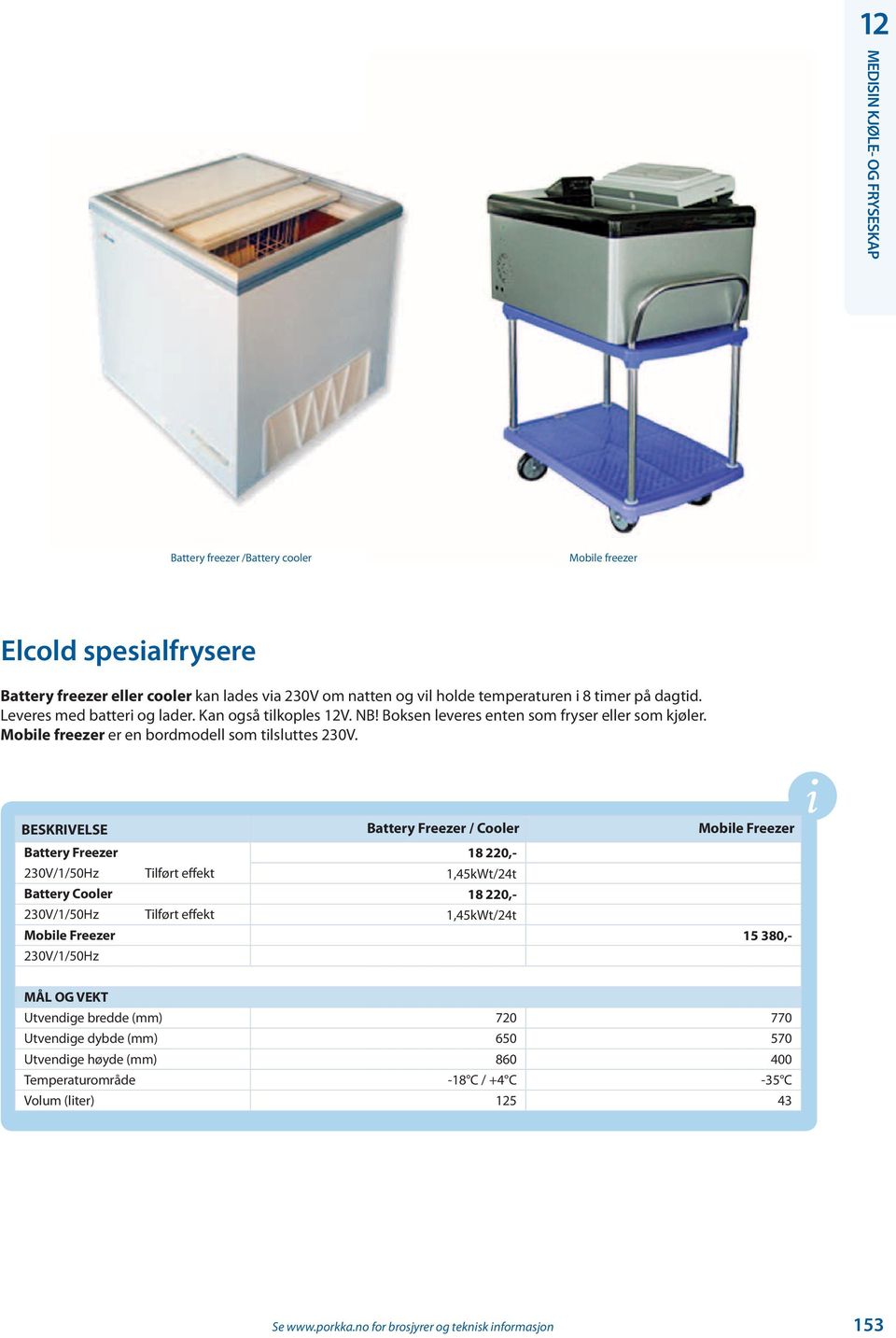 BESKRIVELSE Battery Freezer / Cooler Mobile Freezer Battery Freezer 18 220,- 230V/1/50Hz Tilført effekt 1,45kWt/24t Battery Cooler 18 220,- 230V/1/50Hz Tilført effekt 1,45kWt/24t Mobile