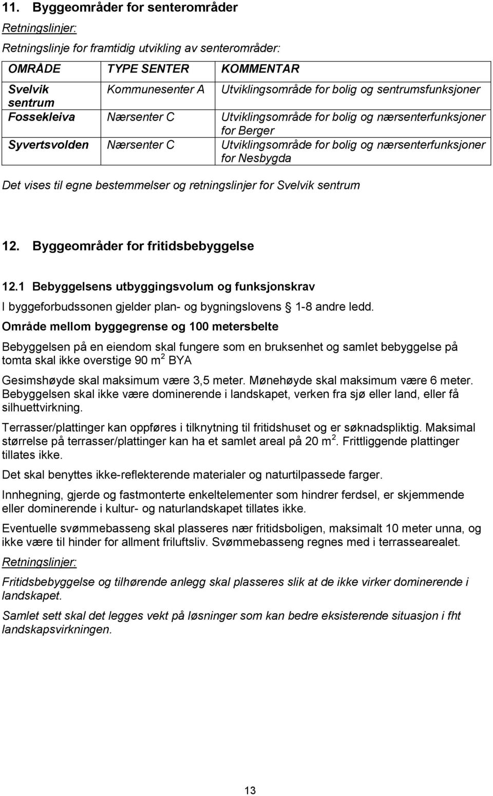 egne bestemmelser og retningslinjer for Svelvik sentrum 12. Byggeområder for fritidsbebyggelse 12.